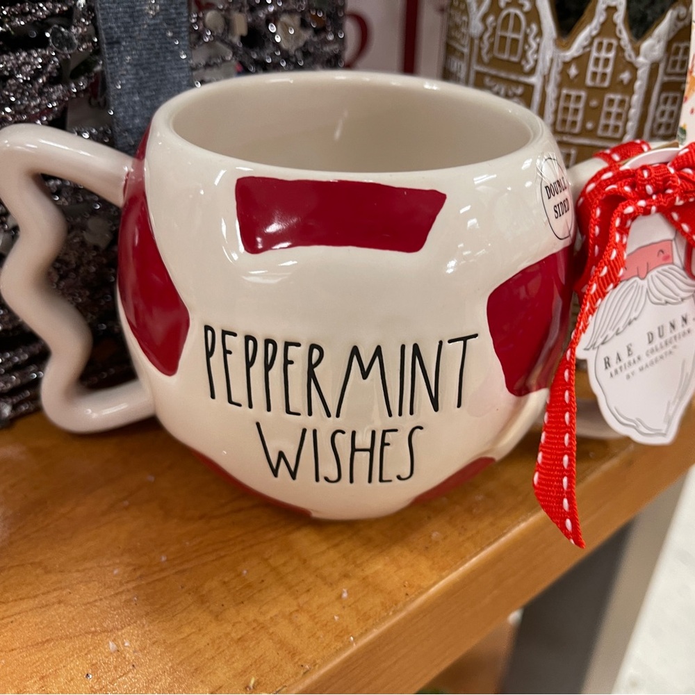 Rae Dunn Christmas Peppermint Wishes Candy Shaped Ceramic Coffee Mug NWT